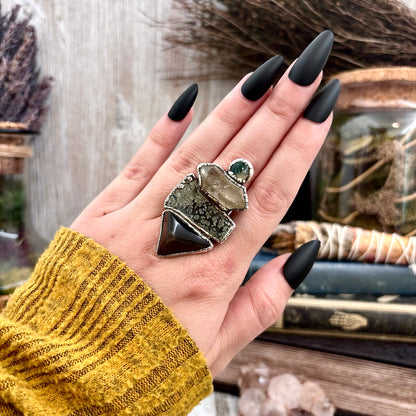 Multi Stone Obsidian Marcasite Clear Quartz Moss Agate Ring In Silver Size 8 / Foxlark Collection