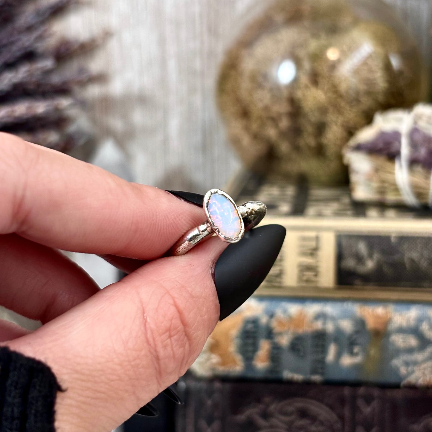 Vintage Glass Bead Pinfire Opal Ring Fine Silver Small Faceted Stone Ring Size 5 6 7 8 9 10 11 / Foxlark Collection