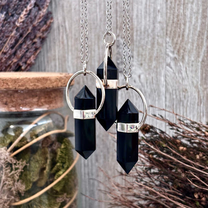 Black Onyx Crystal Point Necklace in Sterling Silver  -Designed by FOXLARK Collection / Witchy Necklace Goth Jewelry