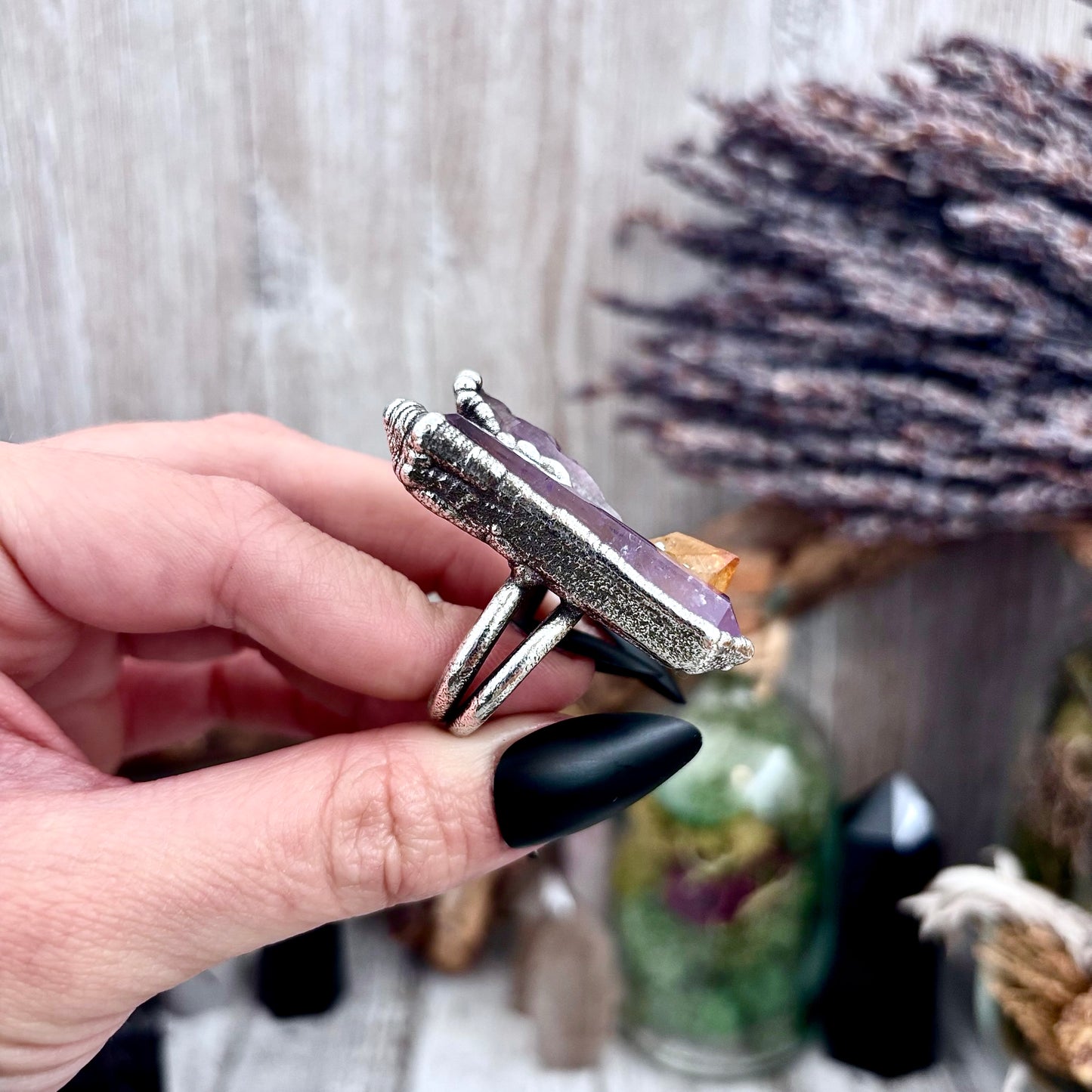 Three Stone Raw Amethyst Citrine Ring In Silver Size 9.5 / Foxlark Collection