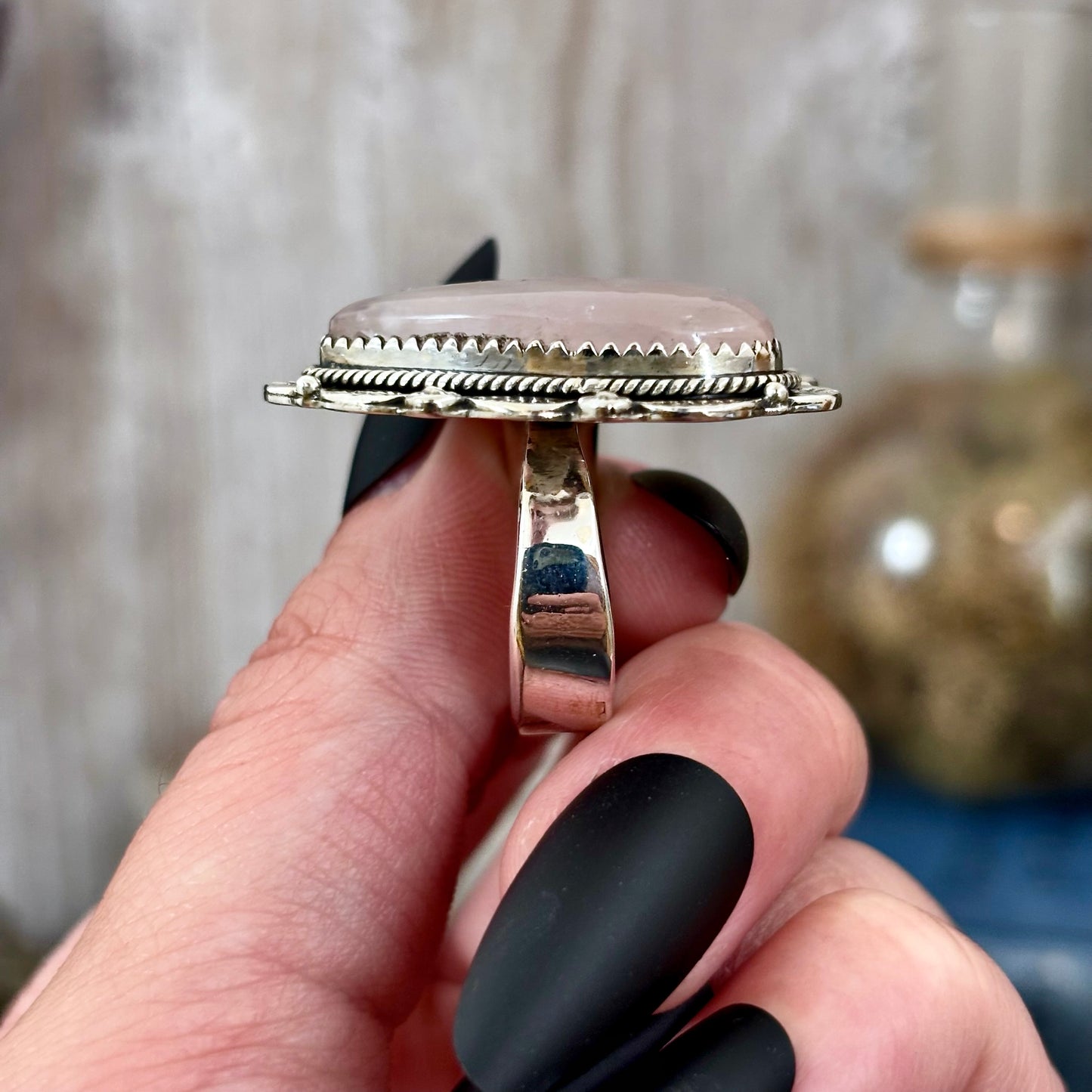 Rose Quartz Heart Crystal Statement Ring in Sterling Silver- Designed by FOXLARK Collection Adjusts to size 6,7,8,9, 10 / Gothic Jewelry