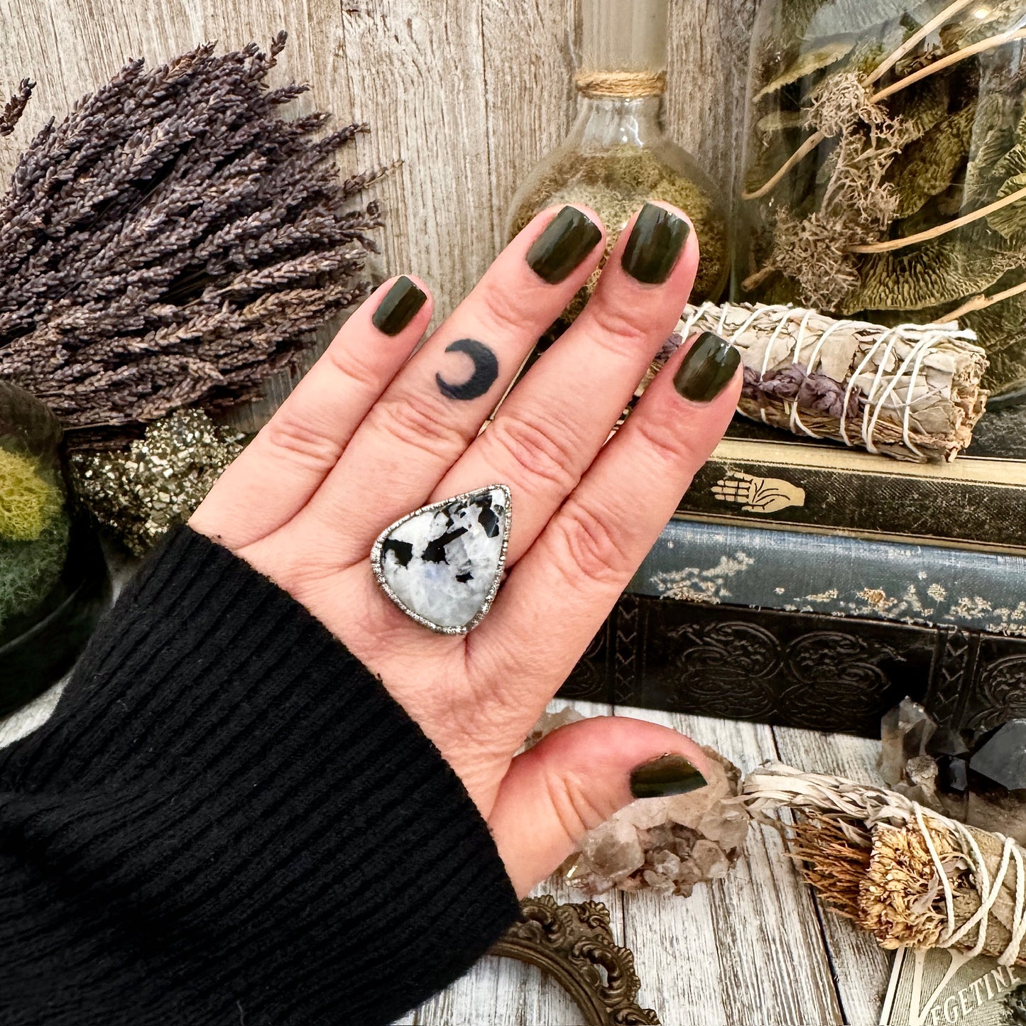 Rainbow Moonstone with Black Tourmaline Ring Silver Size 9 / Foxlark Collection