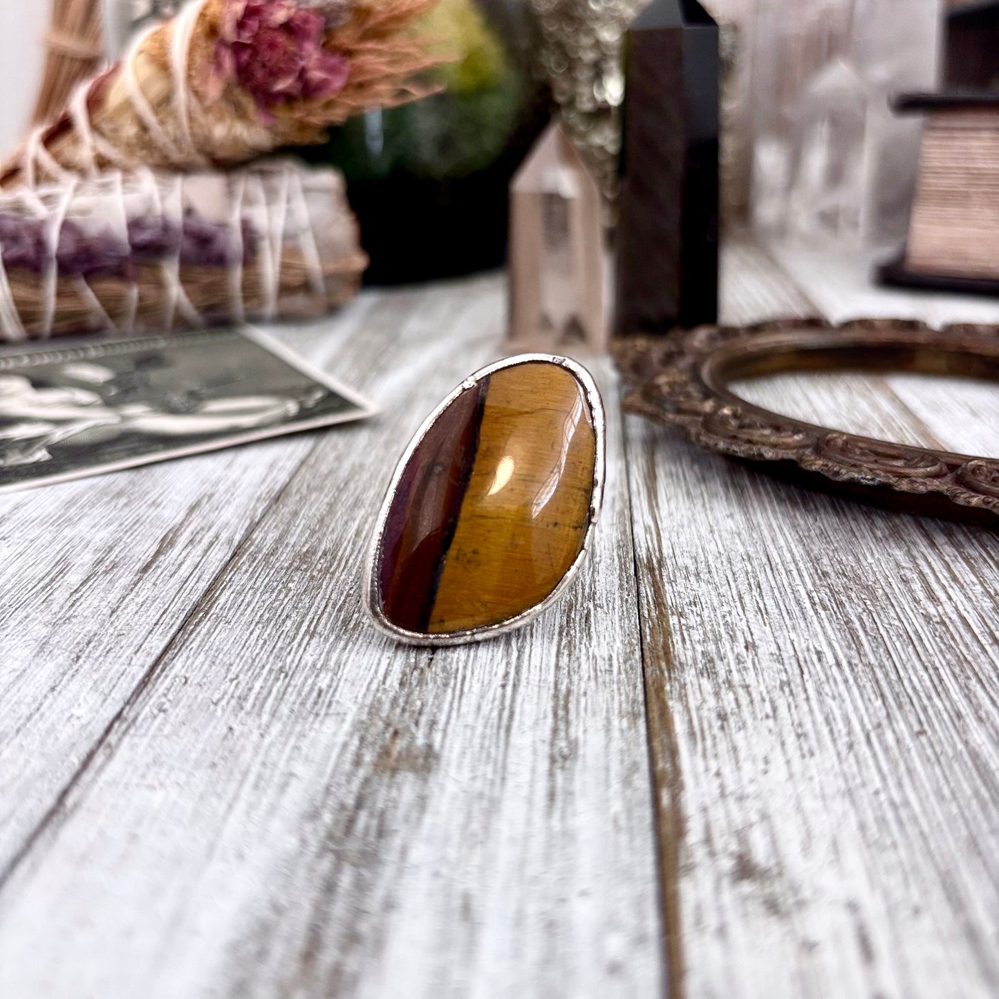 Tigers Eye Fine Silver Ring Size 7.5  / Foxlark Crystal Jewelry Collection