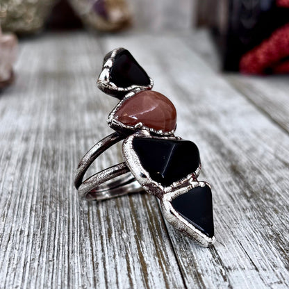 Multi Stone Black Obsidian Sun Stone Ring In Silver Size 10 / Foxlark Collection
