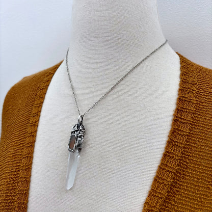 Clear Quartz & Peach Moonstone Crystal Statement Necklace in Fine Silver / Foxlark Collection - One of a Kind