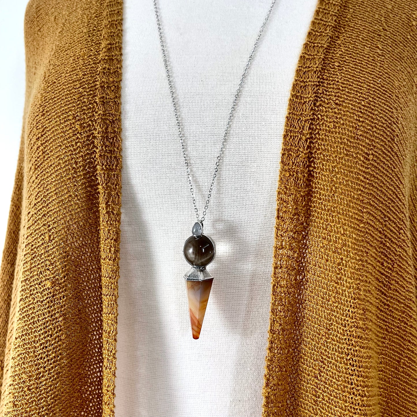 Clear Quartz Sphere Carnelian Pendulum Necklace Pendant in Fine Silver  / Foxlark Collection