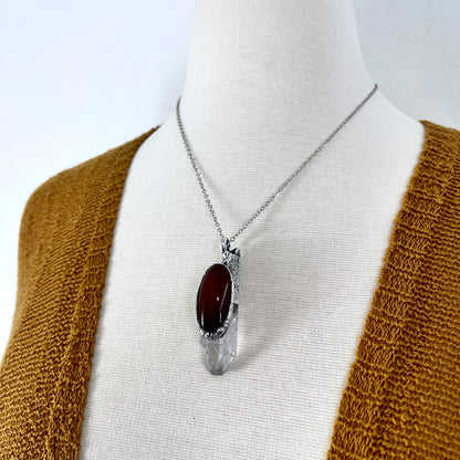 Large Raw Clear Quartz & Carnelian Crystal Statement Necklace in Fine Silver / Foxlark Collection - One of a Kind