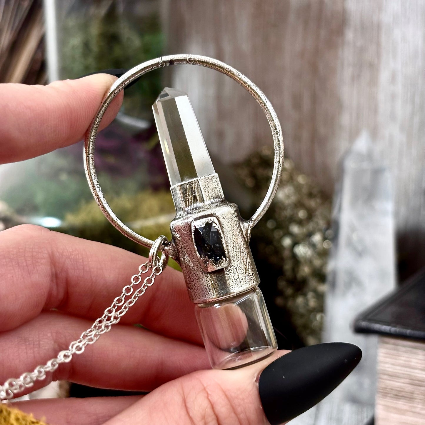 Clear Quartz and Blue Kyanite Crystal Necklace / Silver Rollerball Necklace