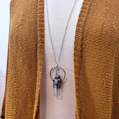 Clear Quartz and Aquamarine Crystal Necklace / Silver Rollerball Necklace