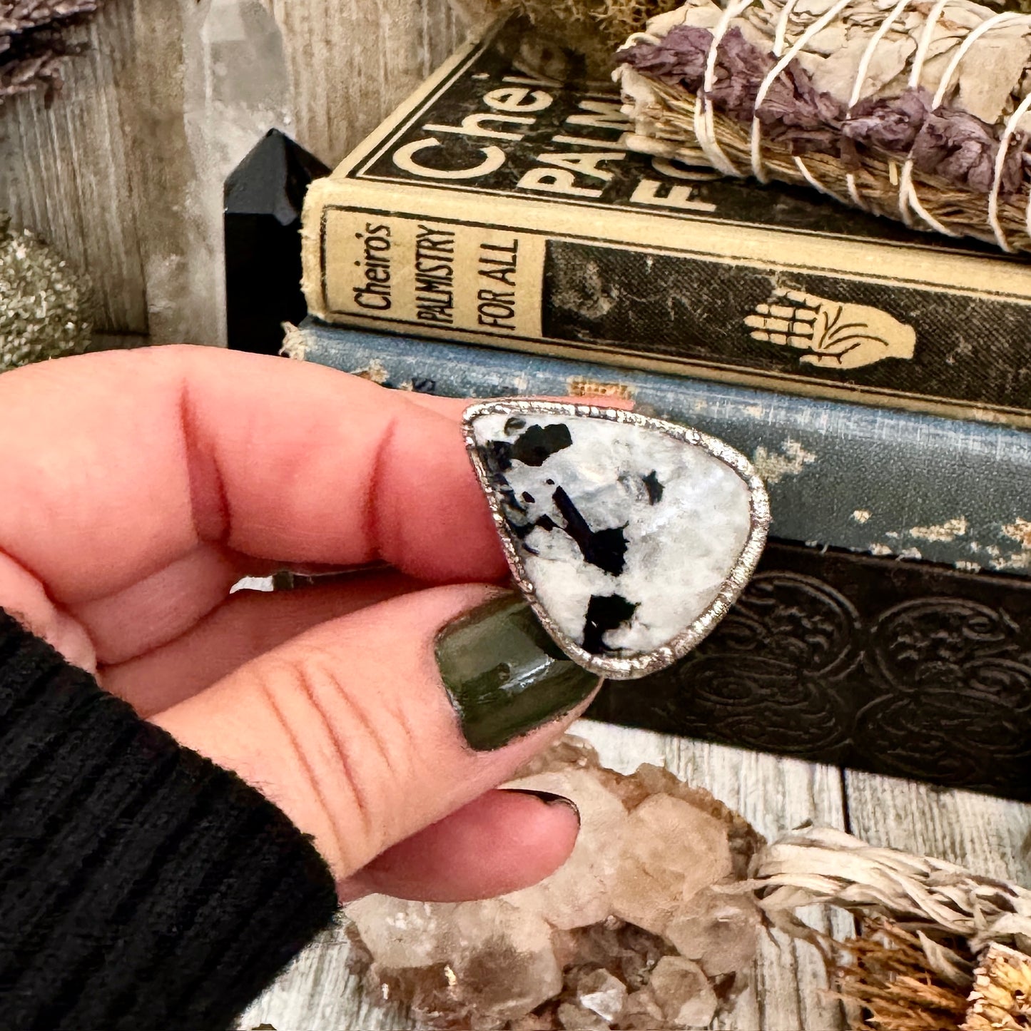 Rainbow Moonstone with Black Tourmaline Ring Silver Size 9 / Foxlark Collection