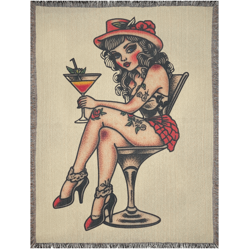 Red Martini Girl Traditional Tattoo Style Woven Fringe Blanket