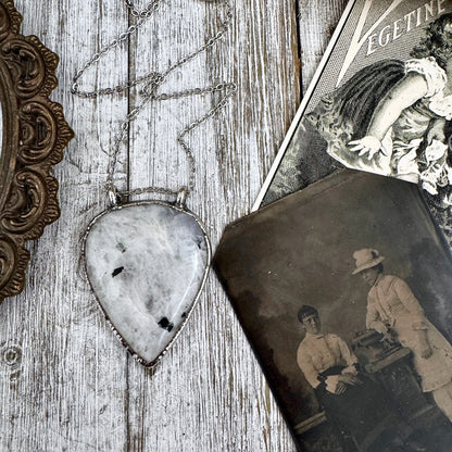 Big Rainbow Moonstone with Black Tourmaline Necklace in Fine Silver / Foxlark Collection - One of a Kind