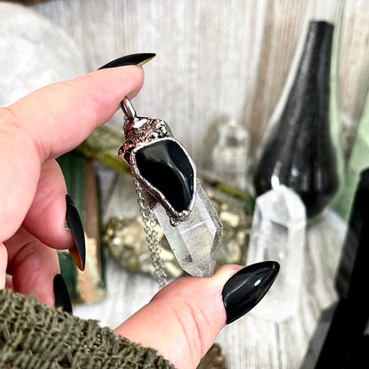 Large Raw Clear Quartz & Black Onyx Crystal Statement Necklace in Fine Silver / Foxlark Collection - One of a Kind