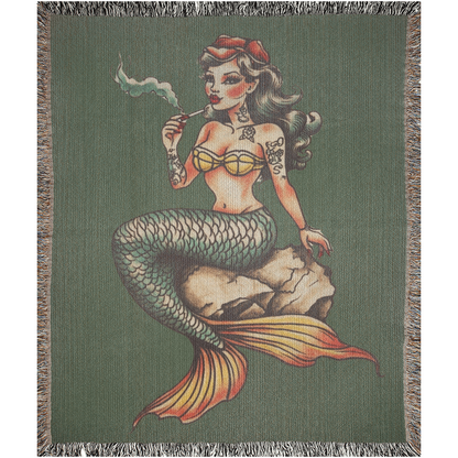 Sailor Mermaid Traditional Tattoo Style Woven Fringe Blanket