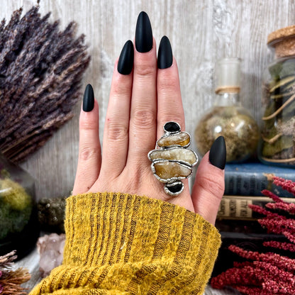 Multi Stone Citrine Black Onyx Ring In Silver Size 9 / Foxlark Collection