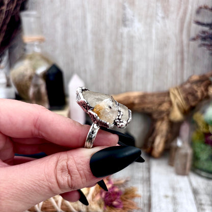 Three Stone Raw Citrine Clear Quartz Herkimer Diamond Ring In Silver Size 8 / Foxlark Collection