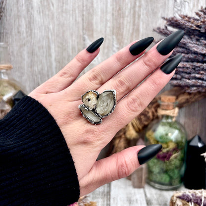 Three Stone Raw Citrine Clear Quartz Herkimer Diamond Ring In Silver Size 8 / Foxlark Collection