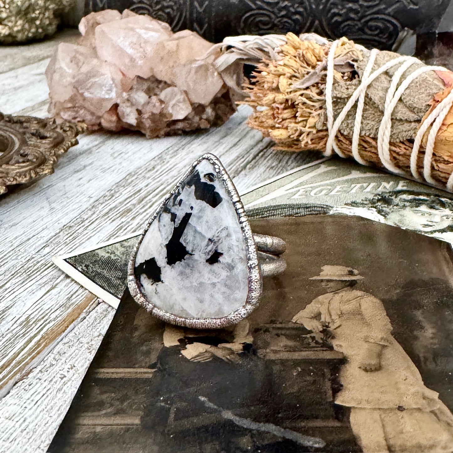 Rainbow Moonstone with Black Tourmaline Ring Silver Size 9 / Foxlark Collection