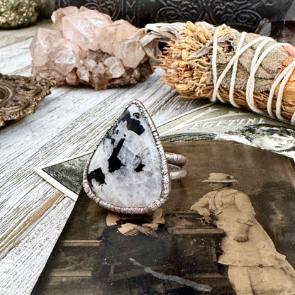 Rainbow Moonstone with Black Tourmaline Ring Silver Size 9 / Foxlark Collection