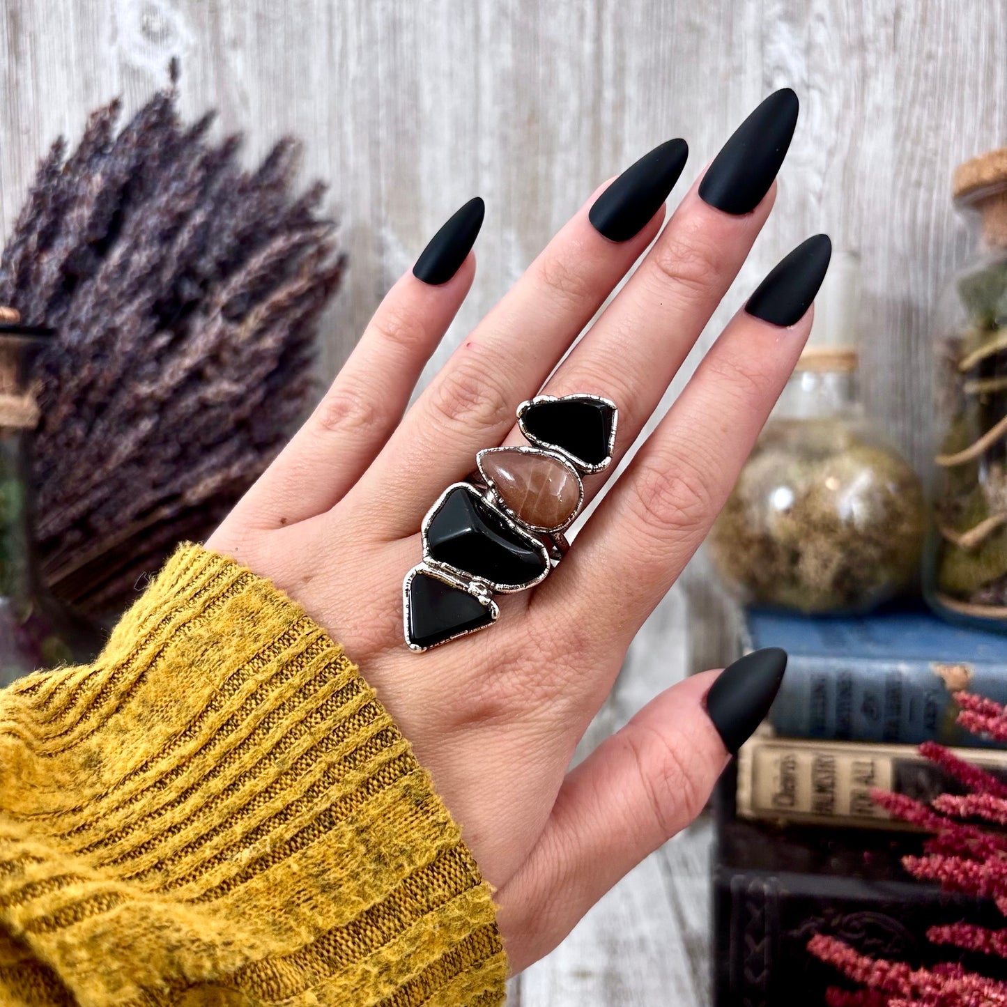 Multi Stone Black Obsidian Sun Stone Ring In Silver Size 10 / Foxlark Collection