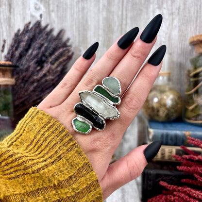 Multi Stone Sea Glass Obsidian Clear Quartz Ring In Silver Size 8/ Foxlark Collection