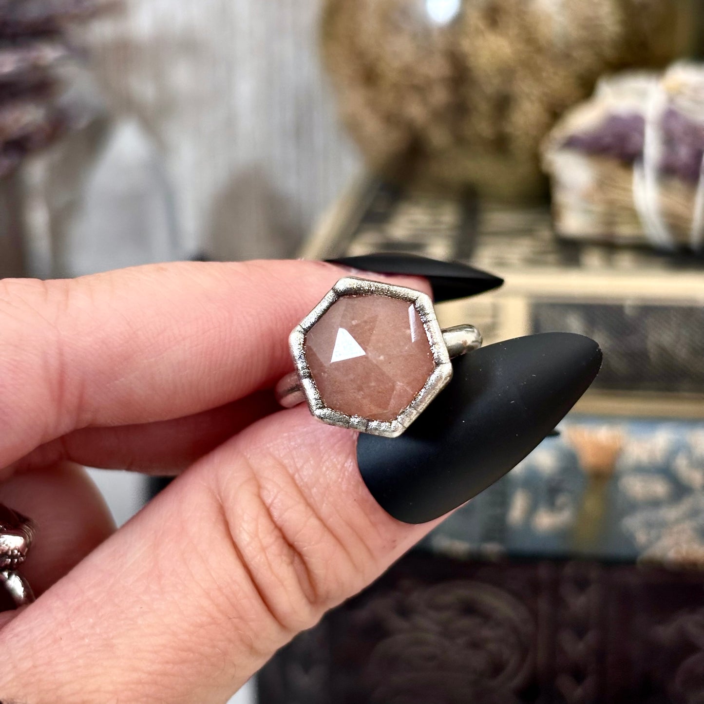 Peach Moonstone Ring Fine Silver Small Faceted Stone Ring Size 5 6 7 8 9 10 11 / Foxlark Collection