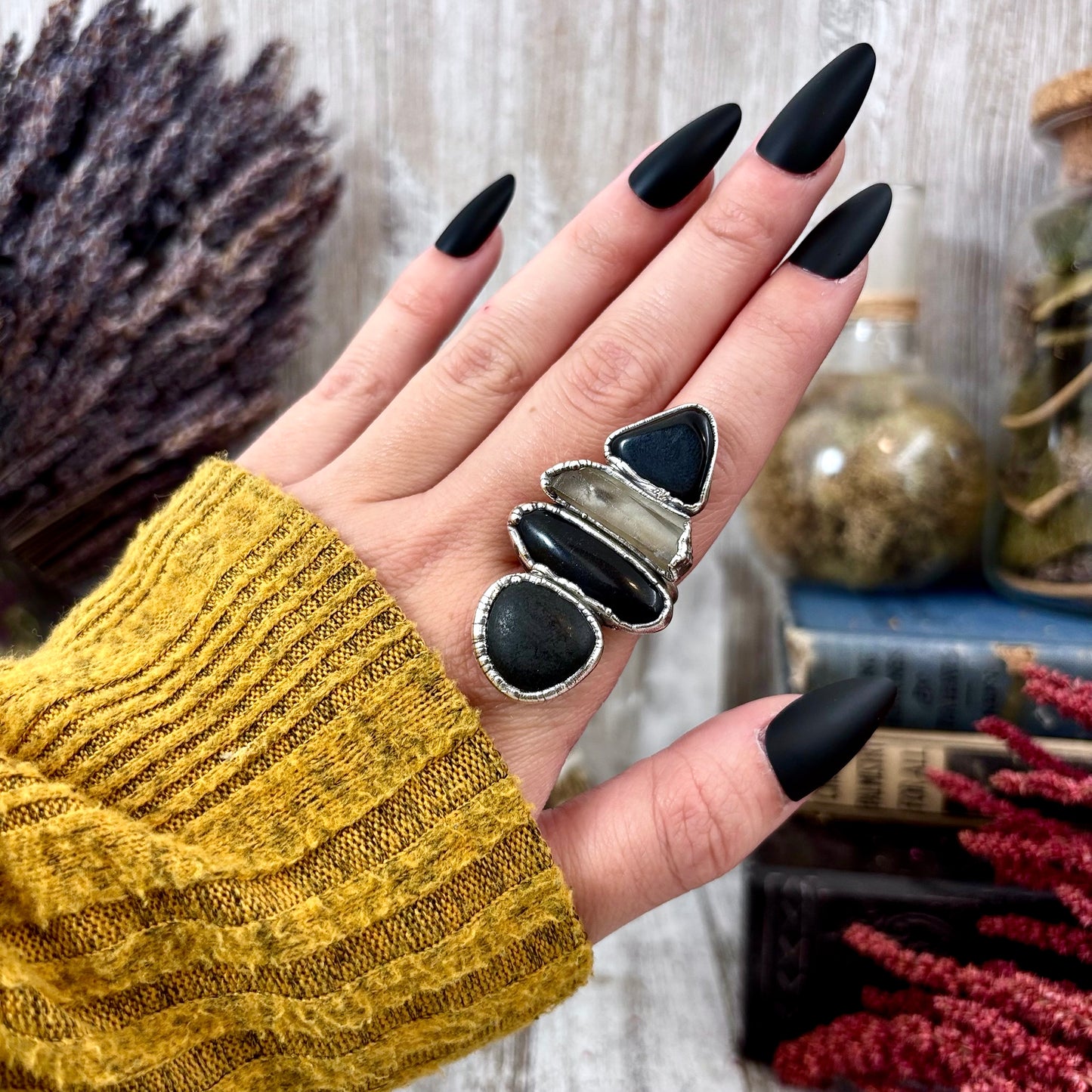 Multi Stone Black Obsidian Smoky Quartz River Rock Ring In Silver Size 7 / Foxlark Collection