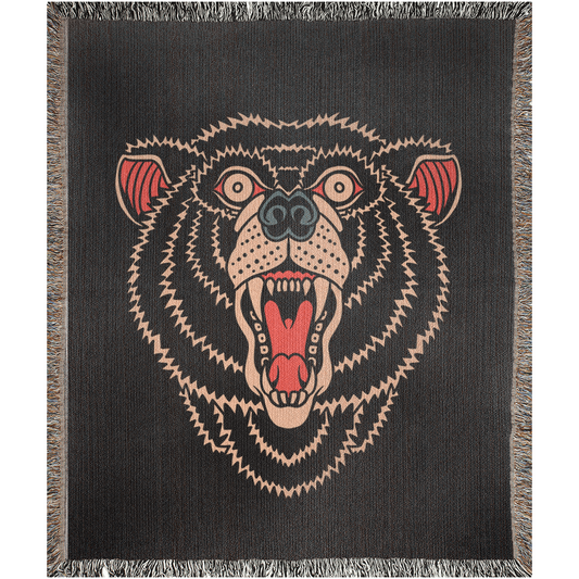 Black Bear Traditional Tattoo Style Woven Fringe Blanket / / Wall tapestry, throw for sofa, maximalist decor, tattoo home decor