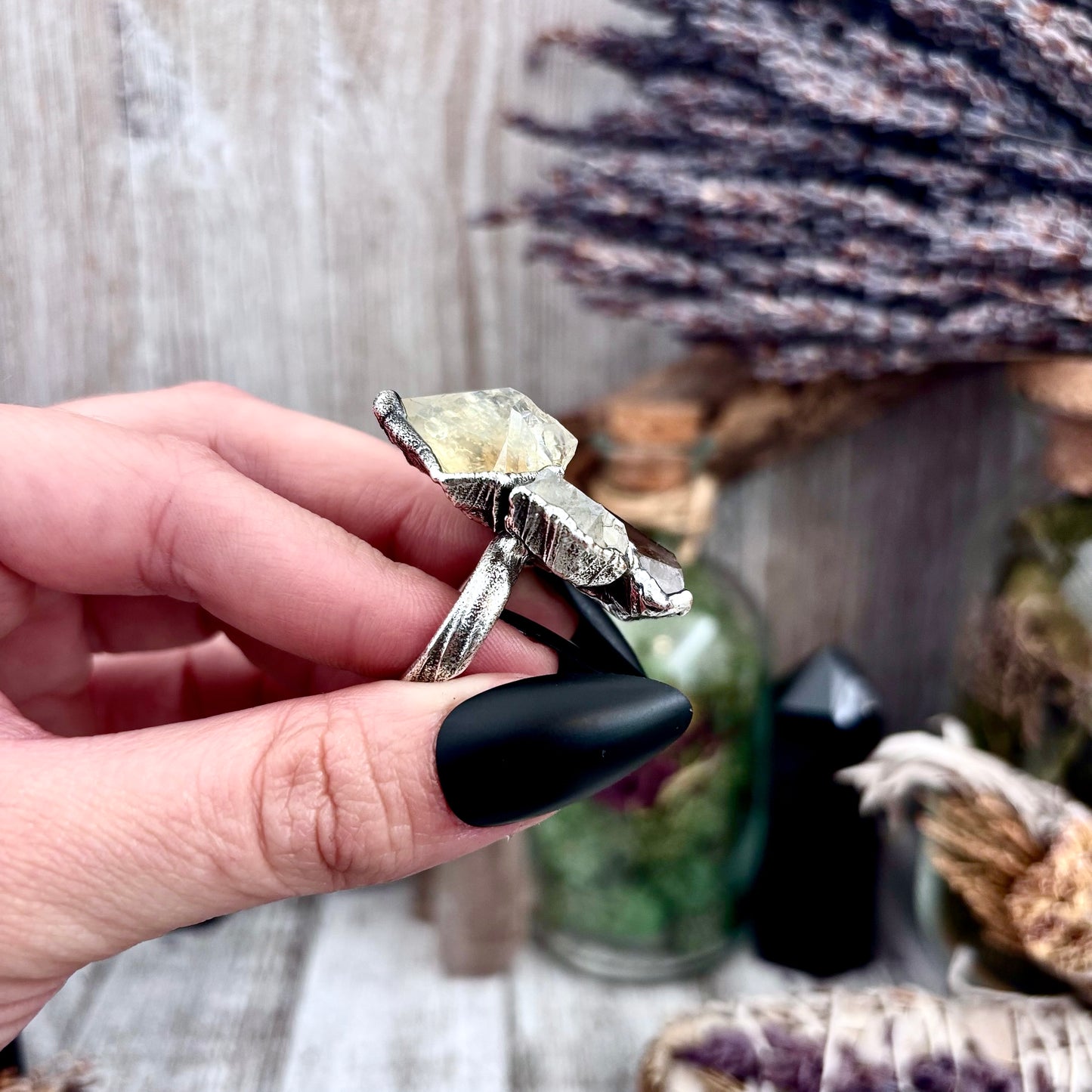 Three Stone Raw Citrine, Clear Quartz, Smoky Quartz Ring In Silver Size 8.5 / Foxlark Collection