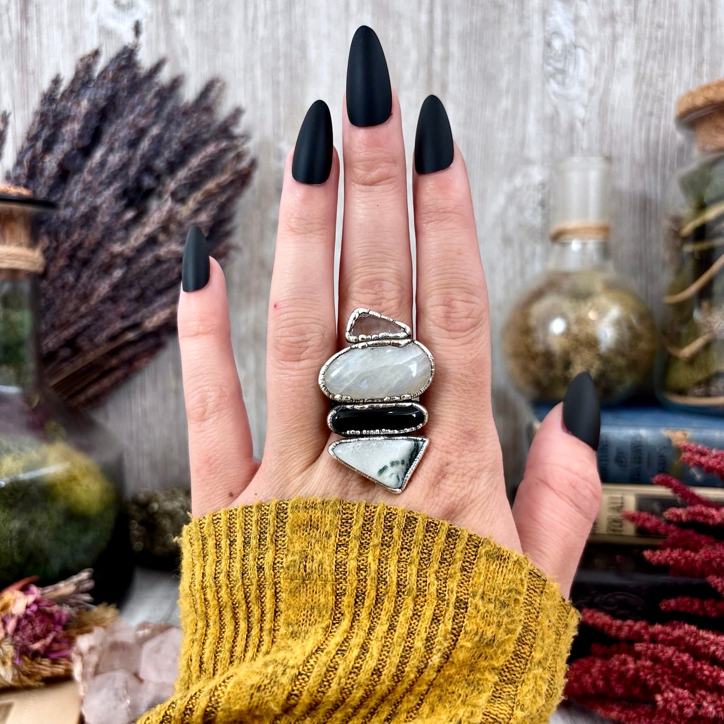Multi Stone Peach Moonstone Rainbow Moonstone Obsidian Moss Agate Quartz Ring In Silver Size 10 / Foxlark Collection