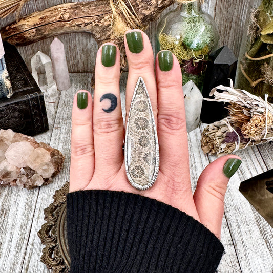 Big Fossilized Coral Crystal Ring Fine Silver Size 9.5 / Foxlark Collection - One of a Kind