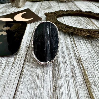 Large Raw Black Tourmaline Ring Silver Size 8 / Foxlark Jewelry Collection