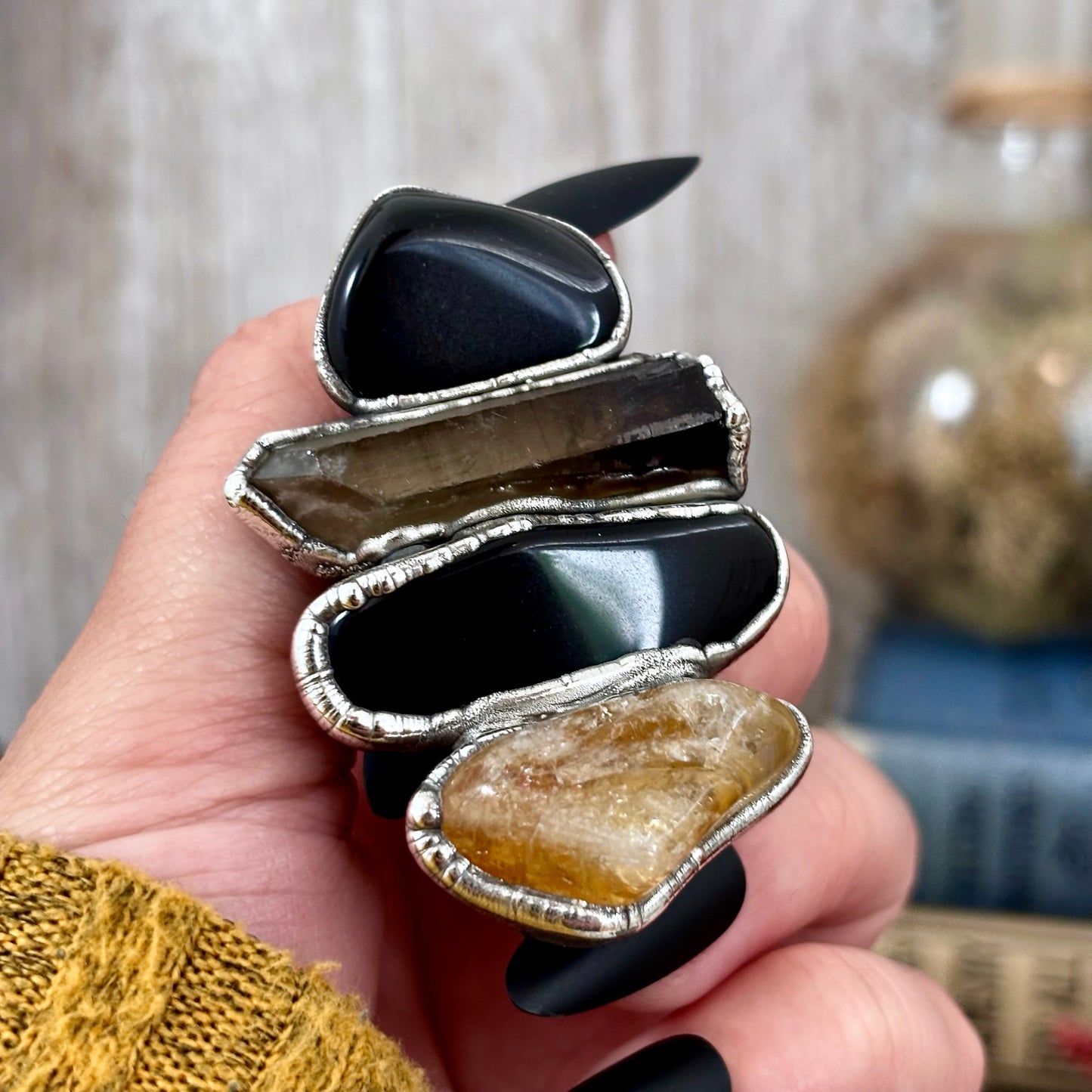Multi Stone Citrine Black Obsidian Smoky Quartz Ring In Silver Size 7 / Foxlark Collection