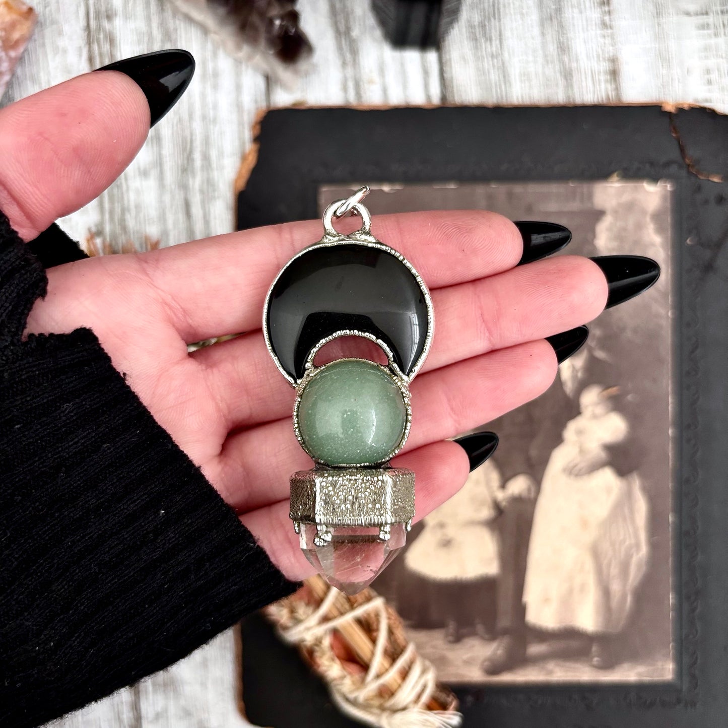 Black Onyx Moon, Green Aventurine Crystal ball, Clear Quartz Necklace in Fine Silver / Foxlark Collection - One of a Kind