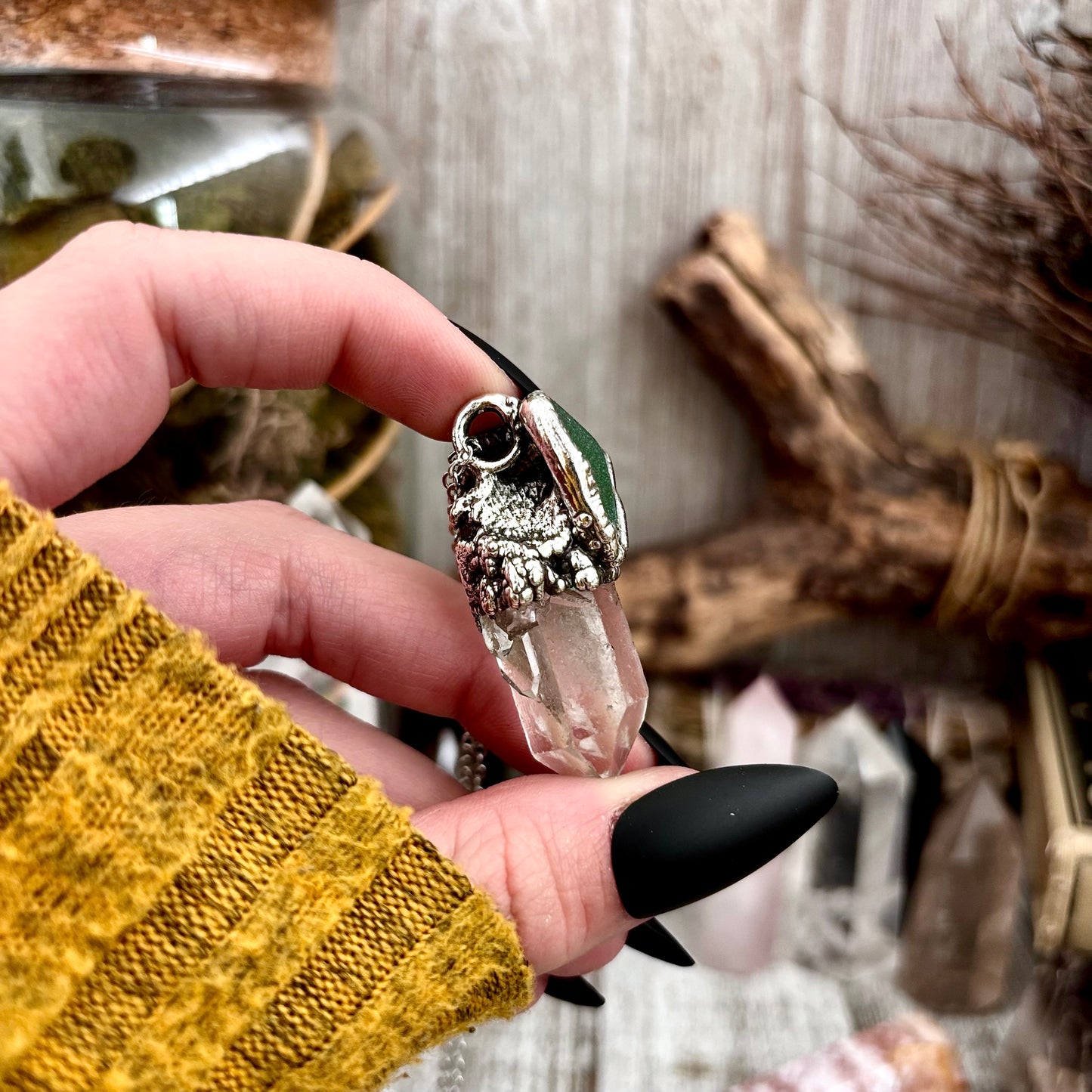 Clear Quartz & Green Sea Glass Crystal Statement Necklace in Fine Silver / Foxlark Collection - One of a Kind