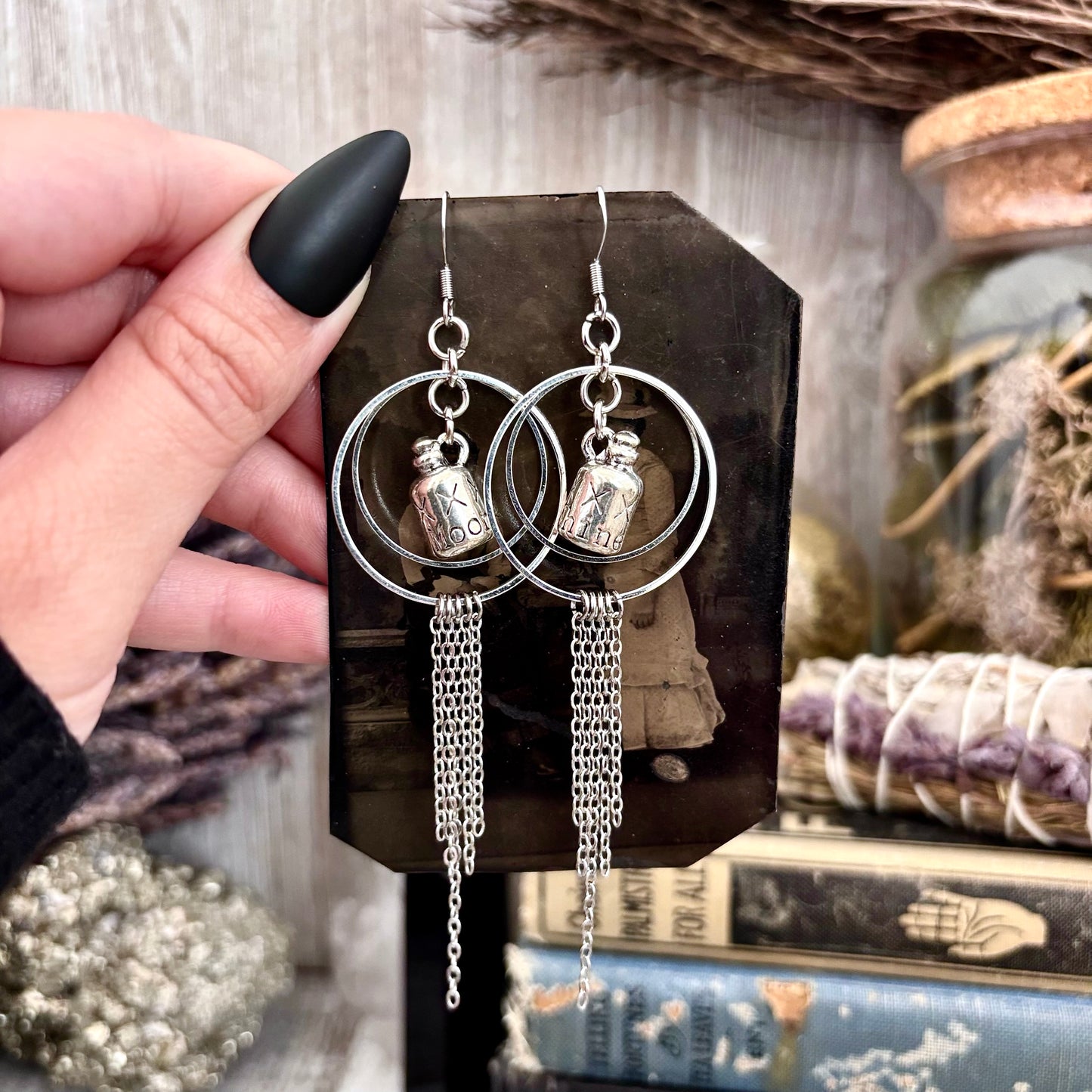 Silver Moonshine Bottle Earrings Stainless Steel Hoop and Fringe / Long Dangle Punk Earrings