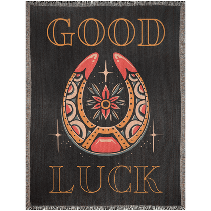 Good Luck Horseshoe Traditional Tattoo Style Woven Fringe Blanket