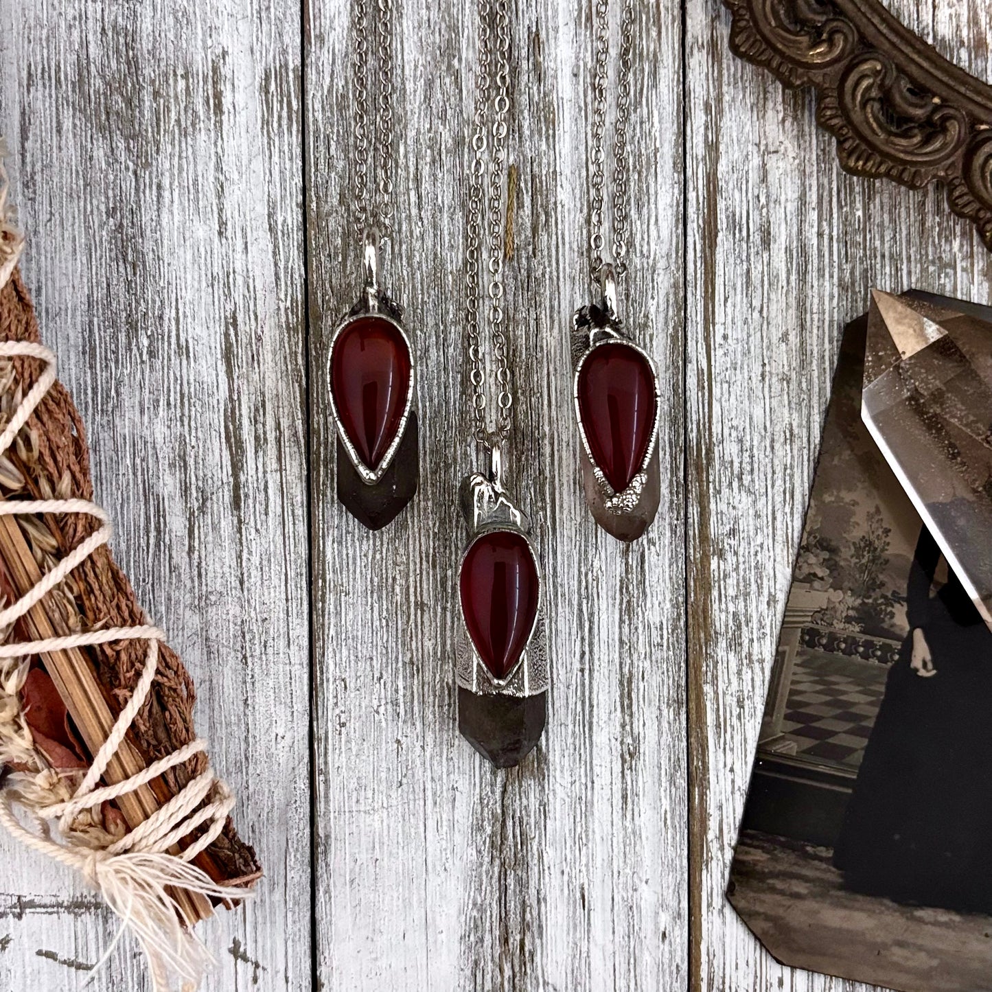 Smoky Quartz & Carnelian Crystal Statement Necklace in Fine Silver / Foxlark Collection - One of a Kind