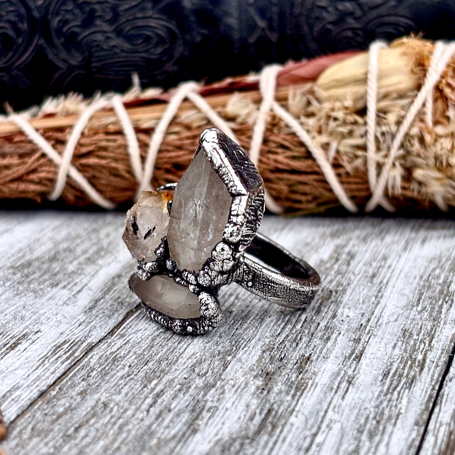 Three Stone Raw Citrine Clear Quartz Herkimer Diamond Ring In Silver Size 8 / Foxlark Collection