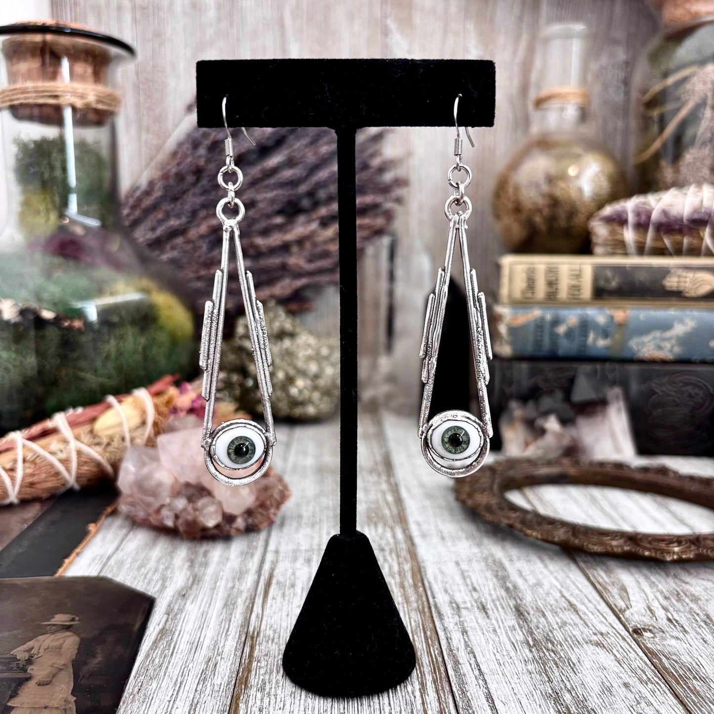 Green Iris Eyeball Fine Silver Earrings / Long Dangle Witchy Earrings