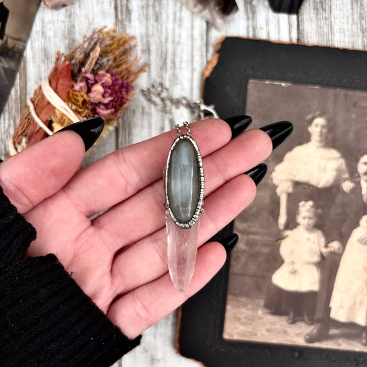 Clear Quartz & Grey Moonstone Crystal Statement Necklace in Fine Silver / Foxlark Collection - One of a Kind