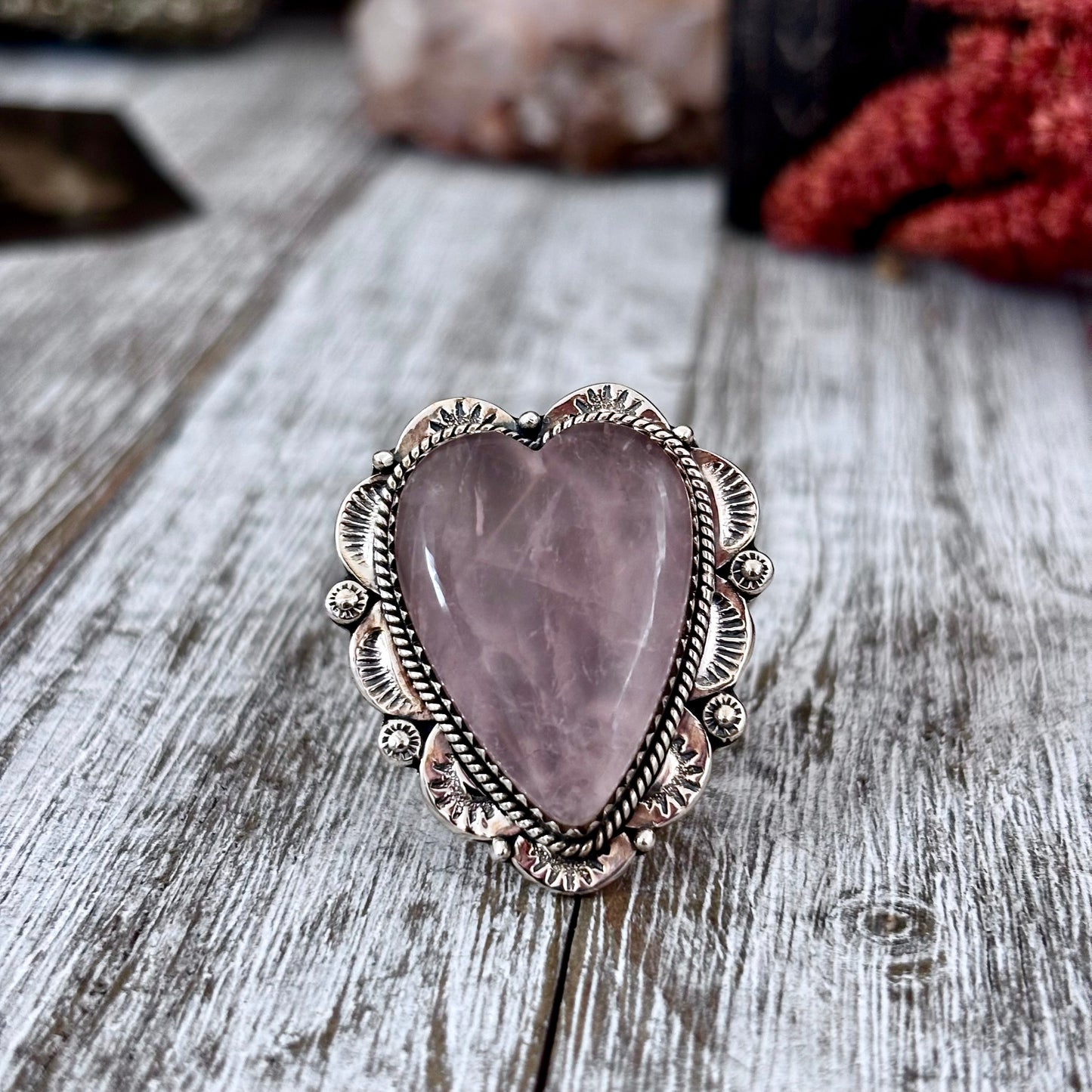 Rose Quartz Heart Crystal Statement Ring in Sterling Silver- Designed by FOXLARK Collection Adjusts to size 6,7,8,9, 10 / Gothic Jewelry