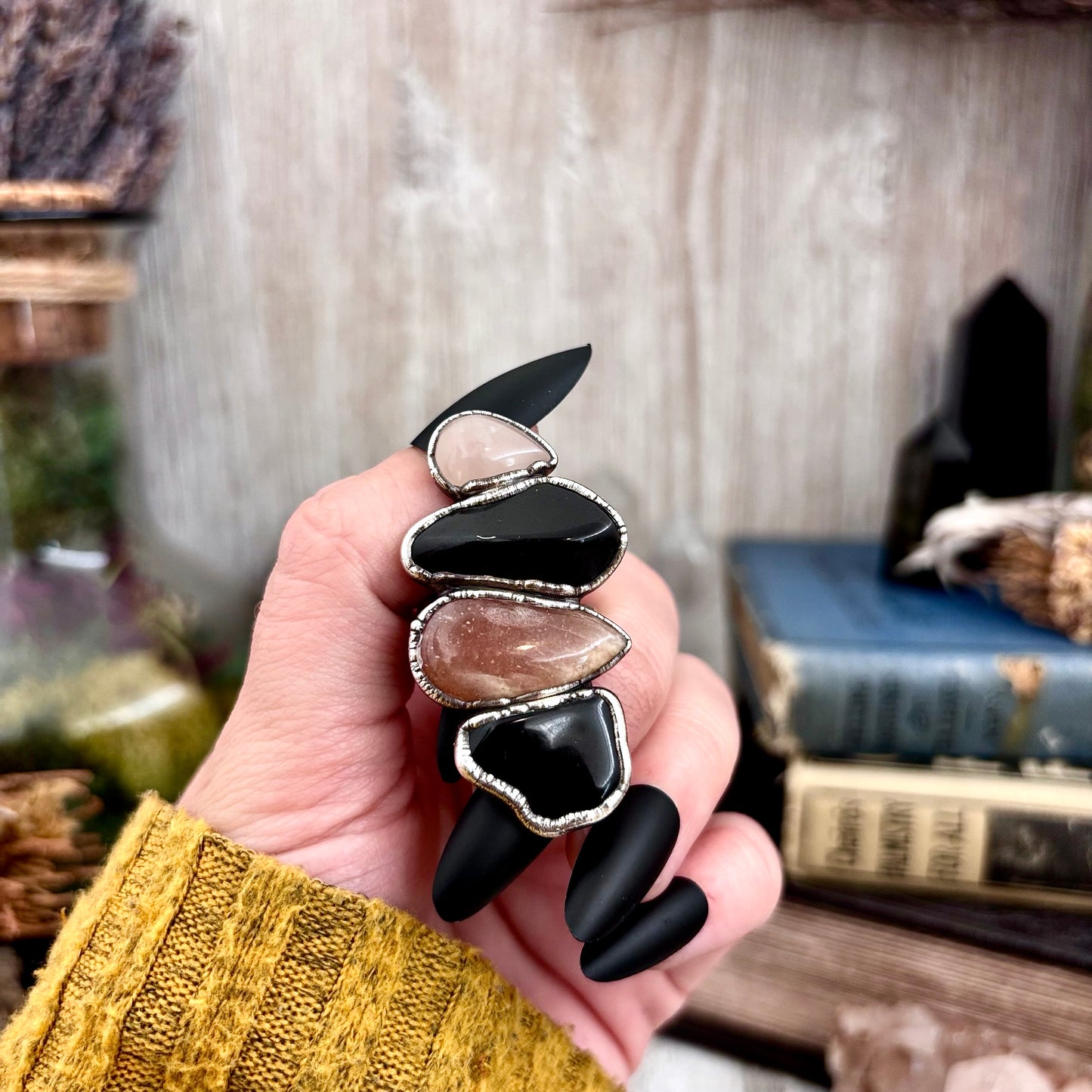 Multi Stone Black Obsidian Sun Stone Rose Quartz Ring In Silver Size 8 / Foxlark Collection