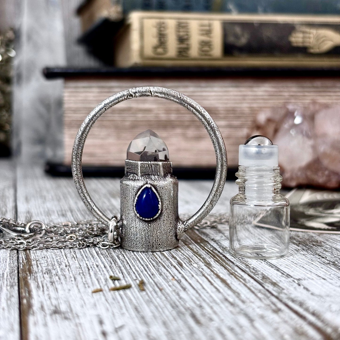 Clear Quartz and Glass Accent Bead Crystal Necklace / Silver Rollerball Necklace