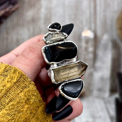 Multi Stone Obsidian Smoky Quartz Clear Quartz Ring In Silver Size 9 / Foxlark Collection