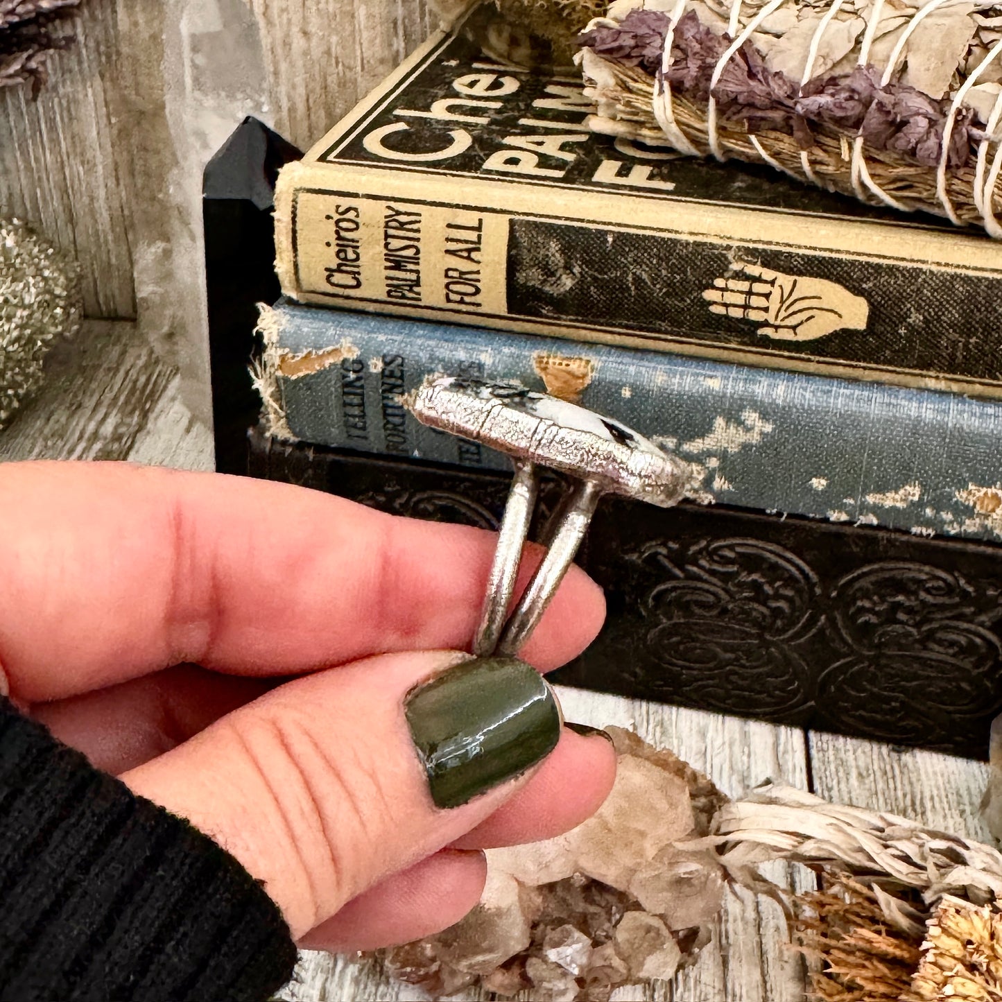 Rainbow Moonstone with Black Tourmaline Ring Silver Size 9 / Foxlark Collection