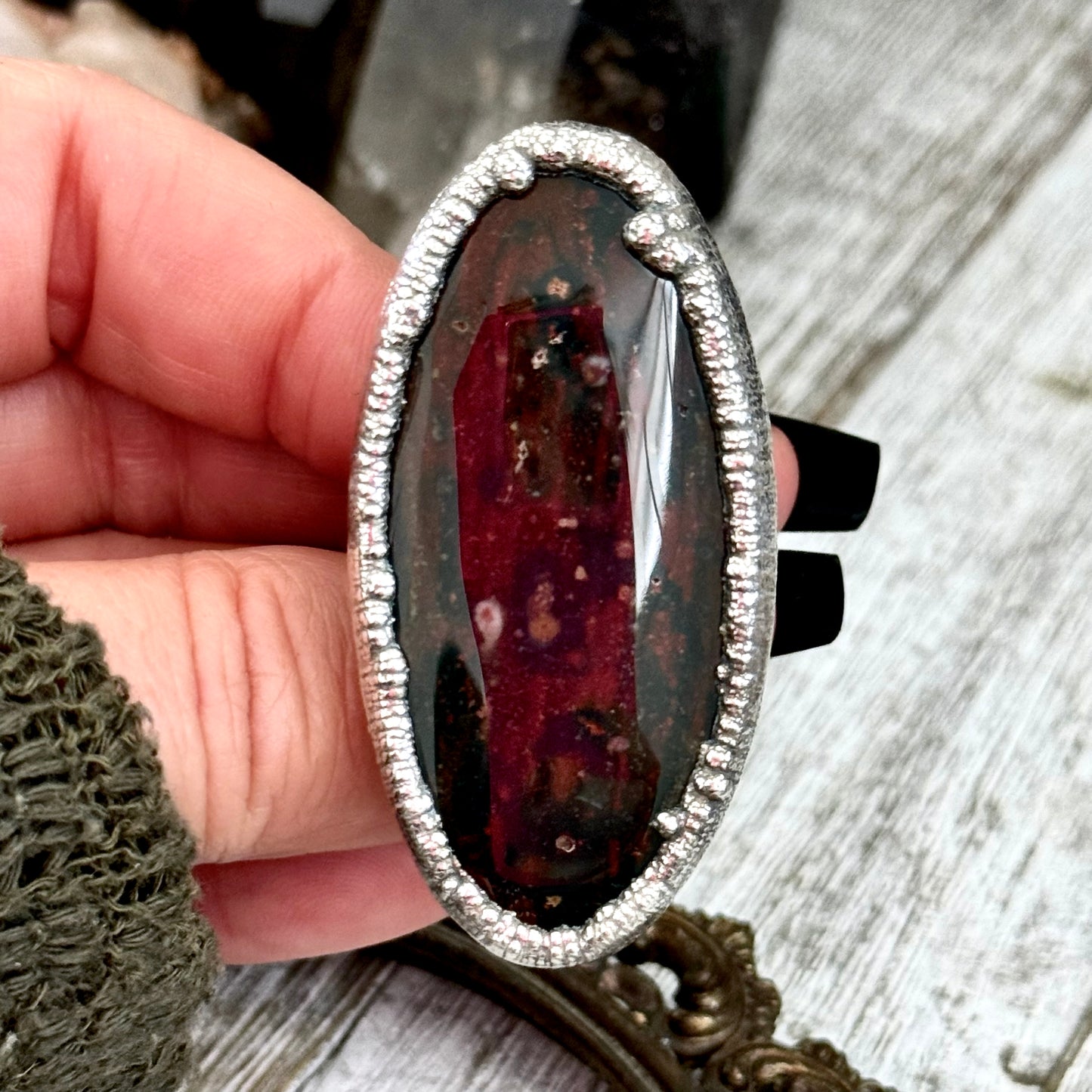 Red Green Bloodstone Crystal Ring Silver Size 10.5 / Foxlark Crystal Jewelry Collection