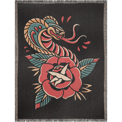 Cobra Traditional Tattoo Style Woven Fringe Blanket / / Wall tapestry or throw for sofa, maximalist decor,  tattoo home decor