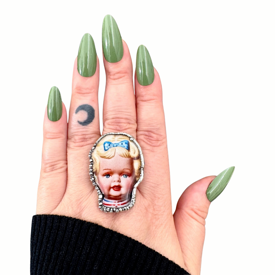 blue bow betty doll statement ring, fine silver, size 9