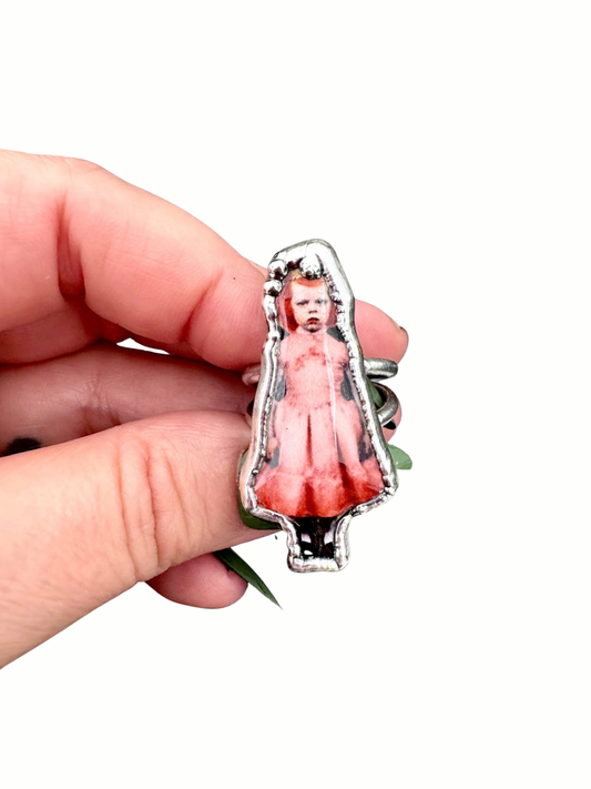 lady in pink doll statement ring, fine silver, size 8
